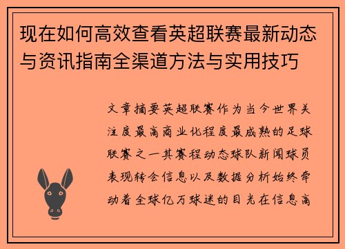现在如何高效查看英超联赛最新动态与资讯指南全渠道方法与实用技巧 现在如何高效查看英超联赛最新动态与资讯指南全渠道方法与实用技巧