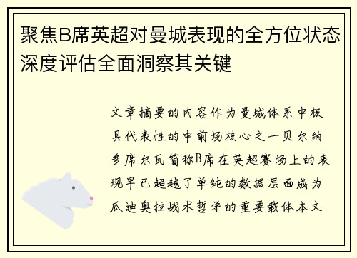 聚焦B席英超对曼城表现的全方位状态深度评估全面洞察其关键